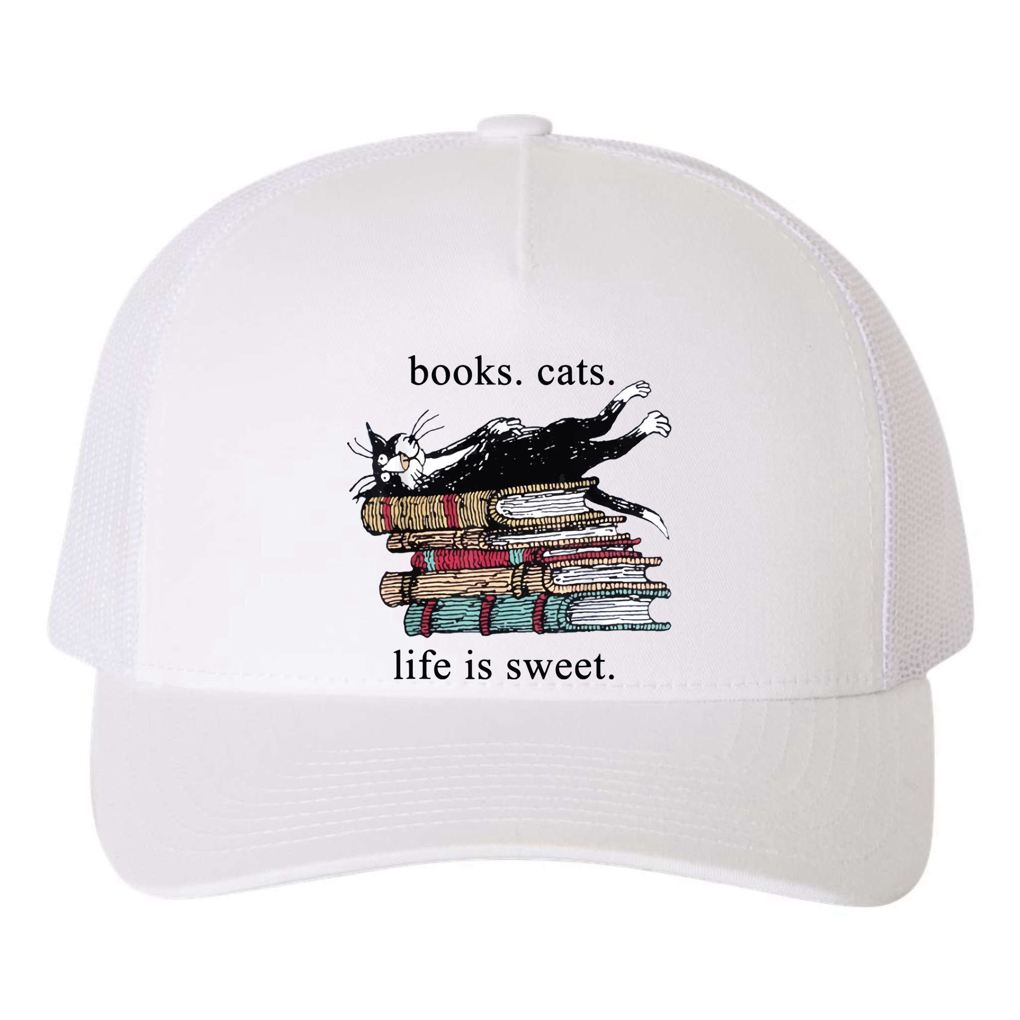 Out Of Print Unisex Literary Books Cats Life Is Sweet Sweatshirt Yupoong Adult 5-Panel Trucker Hat
