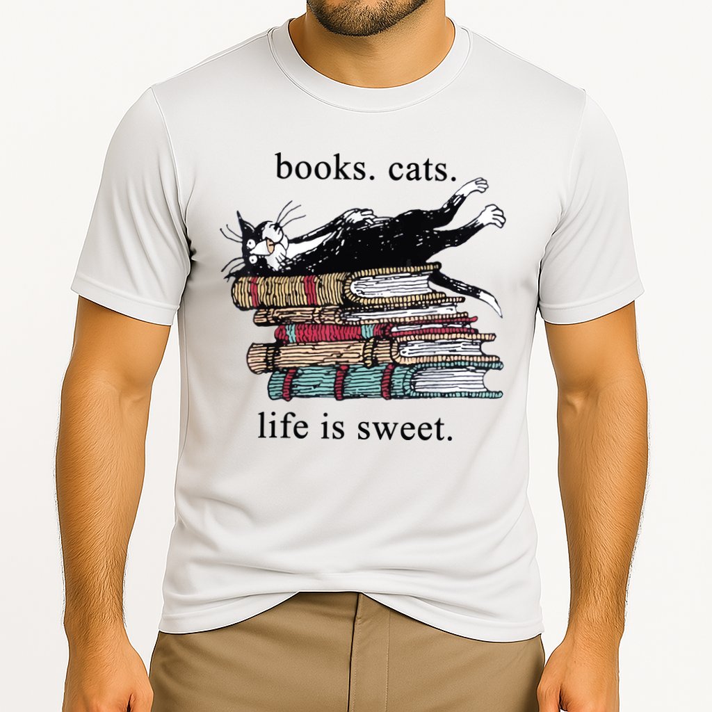 Out Of Print Unisex Literary Books Cats Life Is Sweet Sweatshirt Cooling Performance Crew T-Shirt