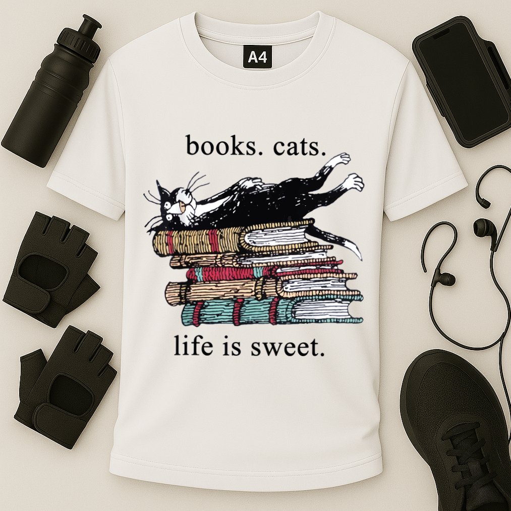 Out Of Print Unisex Literary Books Cats Life Is Sweet Sweatshirt Cooling Performance Crew T-Shirt