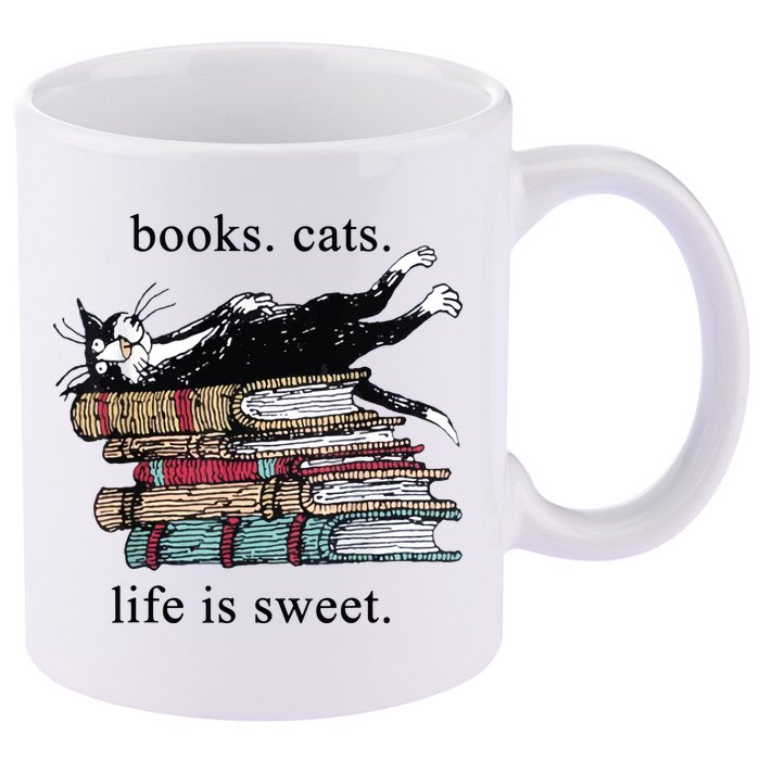 Out Of Print Unisex Literary Books Cats Life Is Sweet Sweatshirt 11oz C Handle Ceramic Mug