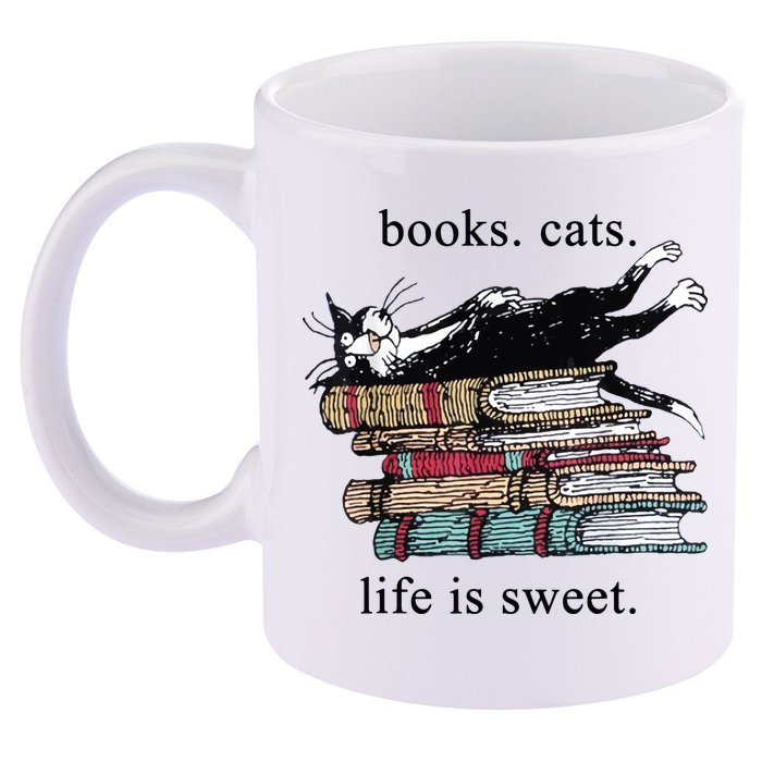 Out Of Print Unisex Literary Books Cats Life Is Sweet Sweatshirt 11oz C Handle Ceramic Mug