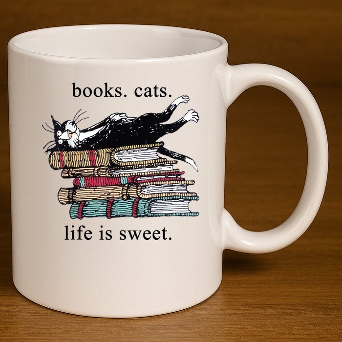 Out Of Print Unisex Literary Books Cats Life Is Sweet Sweatshirt 11oz C Handle Ceramic Mug