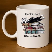Out Of Print Unisex Literary Books Cats Life Is Sweet Sweatshirt 11oz C Handle Ceramic Mug