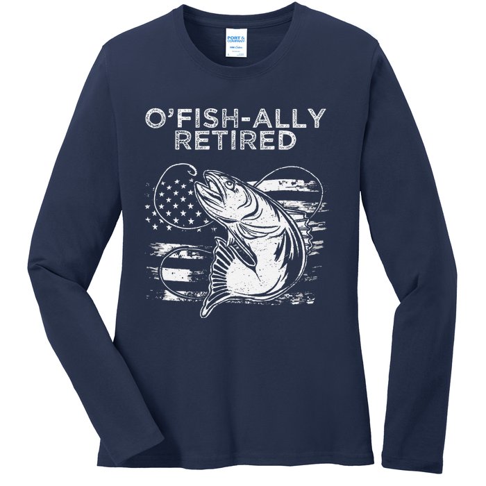 OFishally Officially Retired Fishing American Ladies Long Sleeve Shirt