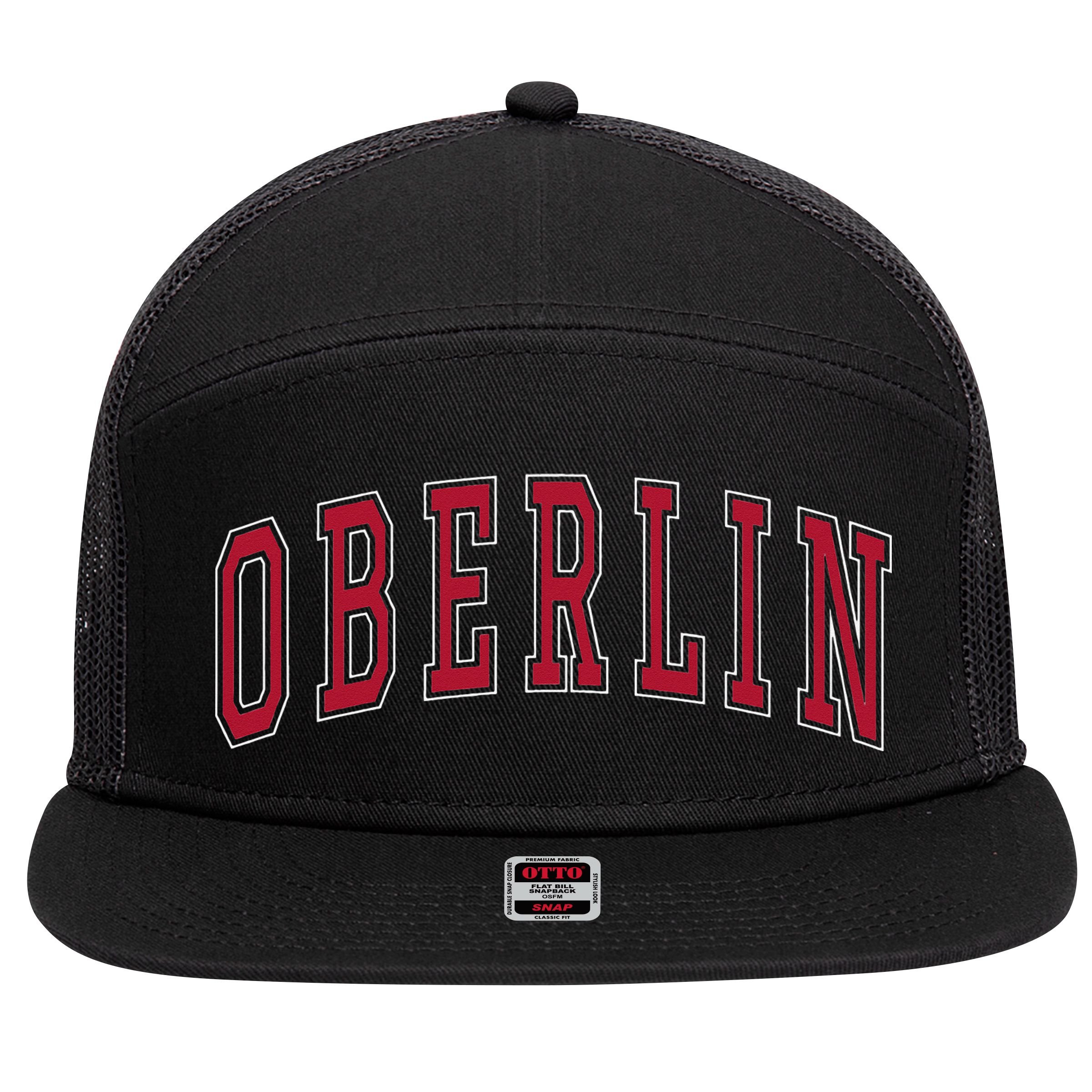 Oberlin Ohio Souvenir College Style Red Text 7 Panel Mesh Trucker Snapback Hat