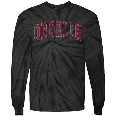 Oberlin Ohio Souvenir College Style Red Text Tie-Dye Long Sleeve Shirt