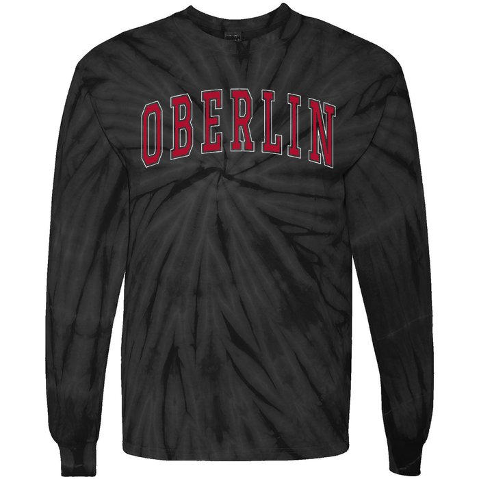 Oberlin Ohio Souvenir College Style Red Text Tie-Dye Long Sleeve Shirt