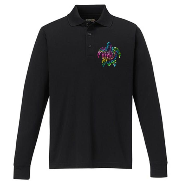 Ocean Odyssey Tie Dye Tribal Tides Sea Turtle Performance Long Sleeve Polo