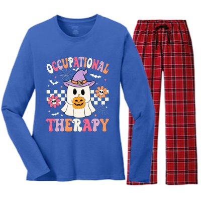 OT Occupational Therapy Halloween Retro Ghost OT Halloween Women's Long Sleeve Flannel Pajama Set 