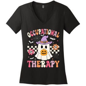 OT Occupational Therapy Halloween Retro Ghost OT Halloween Women's V-Neck T-Shirt