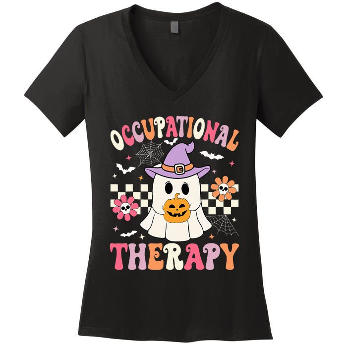 OT Occupational Therapy Halloween Retro Ghost OT Halloween Women's V-Neck T-Shirt