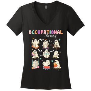 Ot Occupational Therapy Halloween Retro Ghost Ot Halloween Women's V-Neck T-Shirt