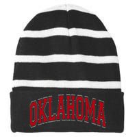 Oklahoma Ok Varsity Style Red Text Striped Beanie with Solid Band