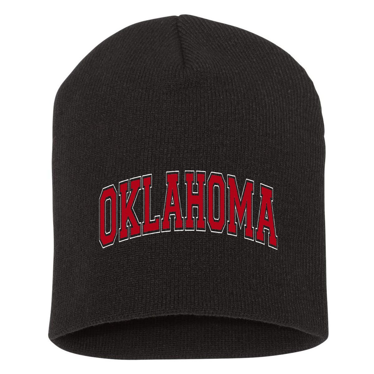 Oklahoma OK Varsity Style Red Text Short Acrylic Beanie