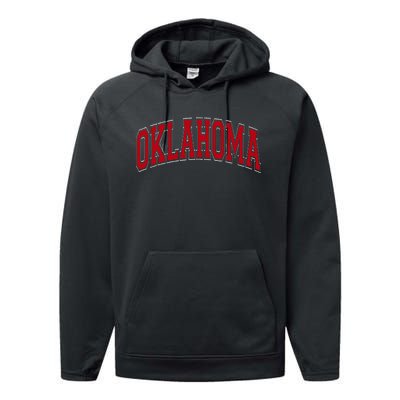 Oklahoma Ok Varsity Style Red Text Performance Fleece Hoodie