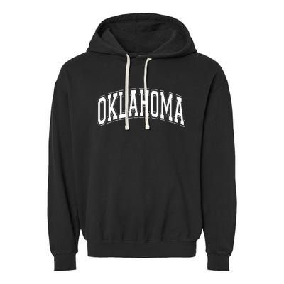 Oklahoma Ok Varsity Style White Text Garment-Dyed Fleece Hoodie