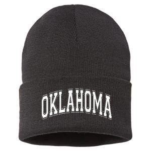 Oklahoma Ok Varsity Style White Text Sustainable Knit Beanie