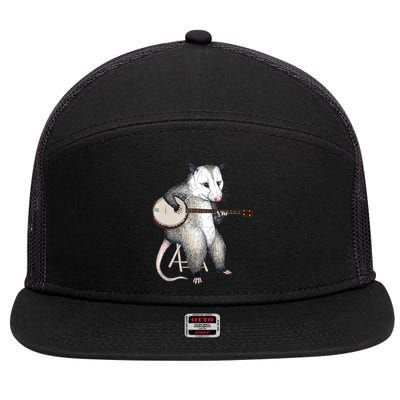 Opossum Playing Banjo Guitar Possum Live Weird Trash Kitty 7 Panel Mesh Trucker Snapback Hat