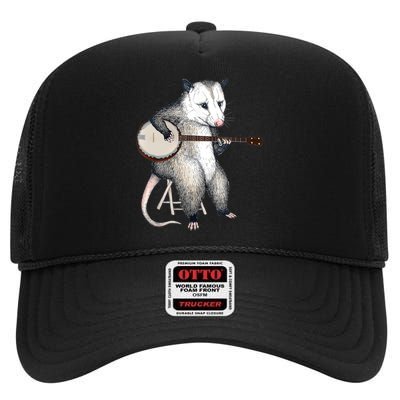 Opossum Playing Banjo Guitar Possum Live Weird Trash Kitty High Crown Mesh Back Trucker Hat