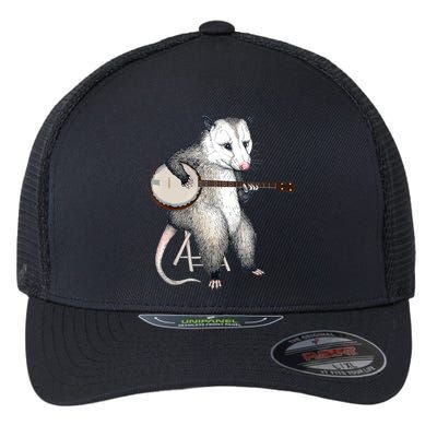 Opossum Playing Banjo Guitar Possum Live Weird Trash Kitty Flexfit Unipanel Trucker Cap