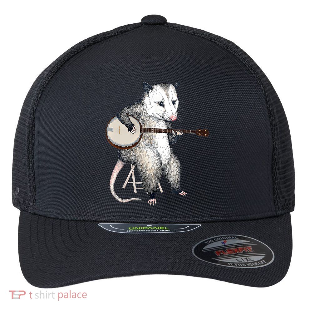 Opossum Playing Banjo Guitar Possum Live Weird Trash Kitty Flexfit Unipanel Trucker Cap