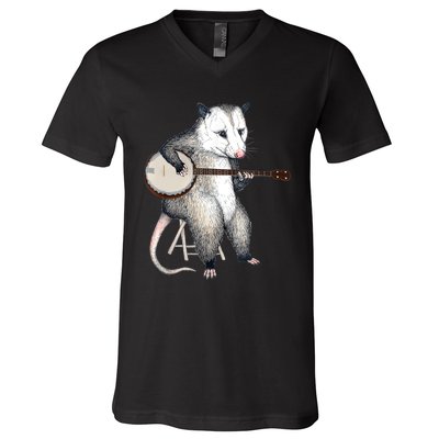 Opossum Playing Banjo Guitar Possum Live Weird Trash Kitty V-Neck T-Shirt