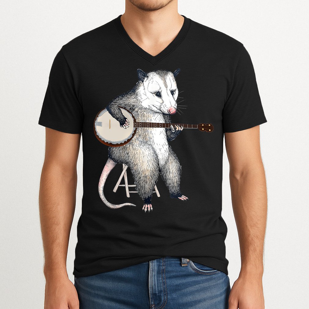 Opossum Playing Banjo Guitar Possum Live Weird Trash Kitty V-Neck T-Shirt