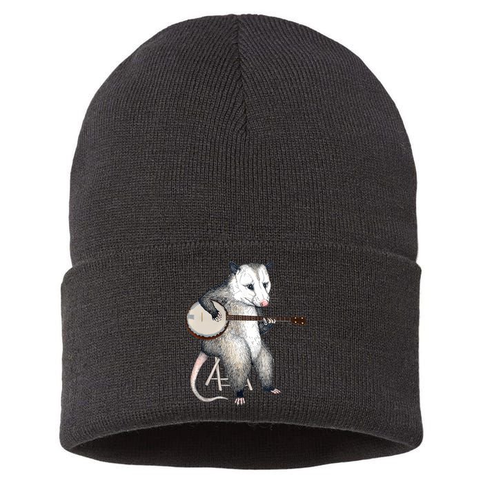 Opossum Playing Banjo Guitar Possum Live Weird Trash Kitty Sustainable Knit Beanie