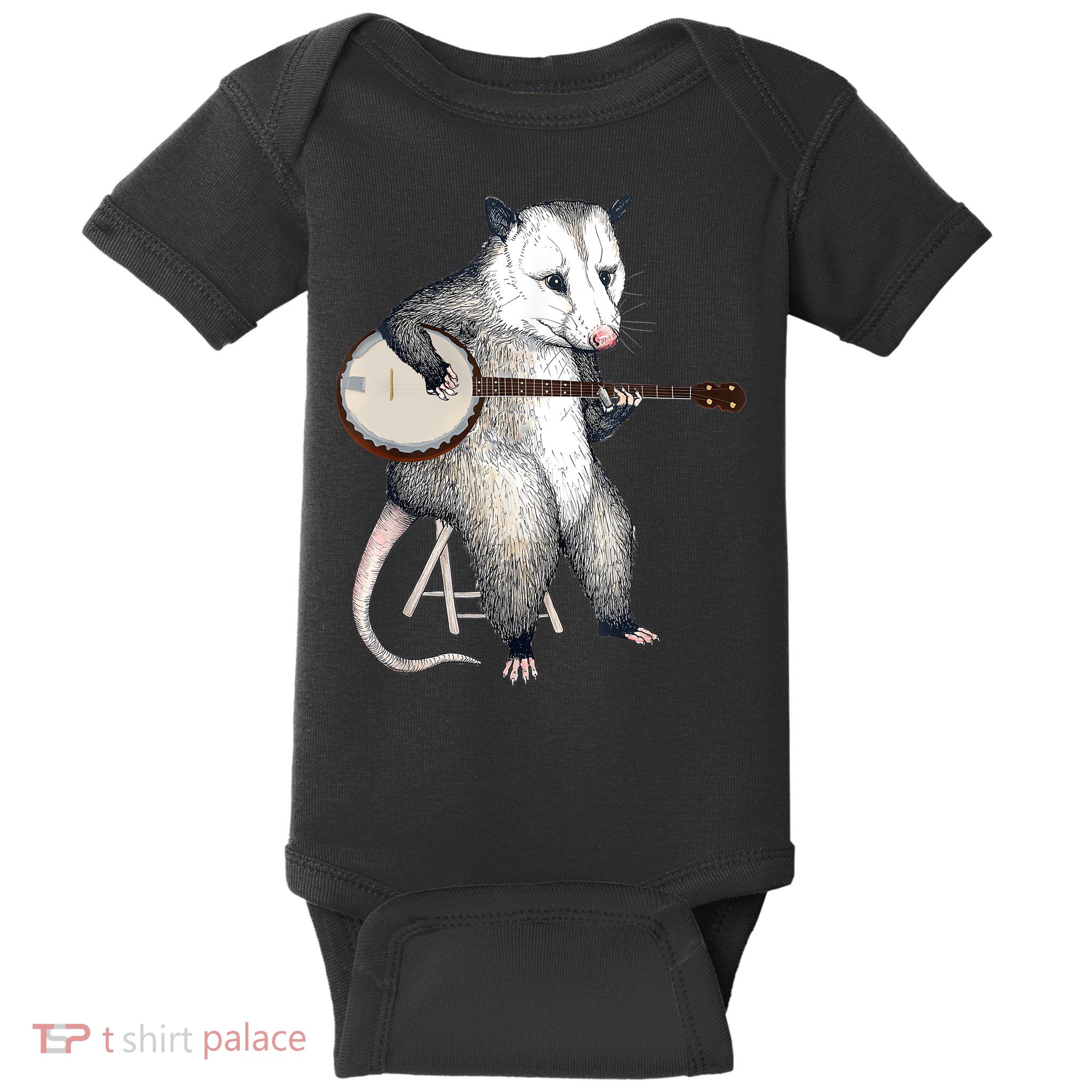 Opossum Playing Banjo Guitar Possum Live Weird Trash Kitty Baby Bodysuit