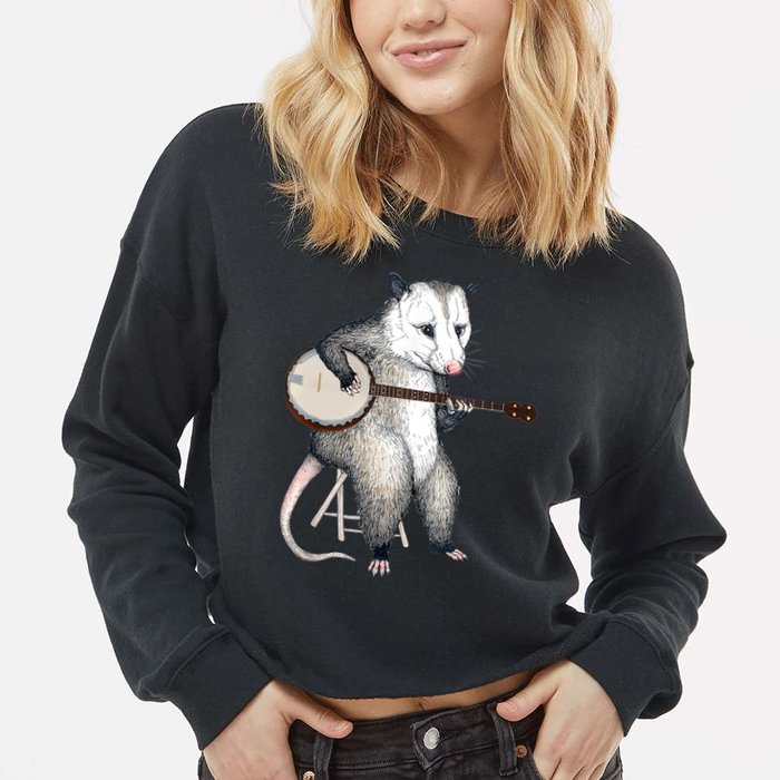 Opossum Playing Banjo Guitar Possum Live Weird Trash Kitty Cropped Pullover Crew