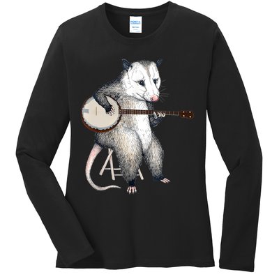 Opossum Playing Banjo Guitar Possum Live Weird Trash Kitty Ladies Long Sleeve Shirt