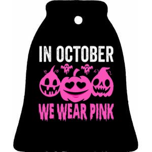 October Pink Breast Cancer Awareness Pumpkin Halloween Ceramic Bell Ornament