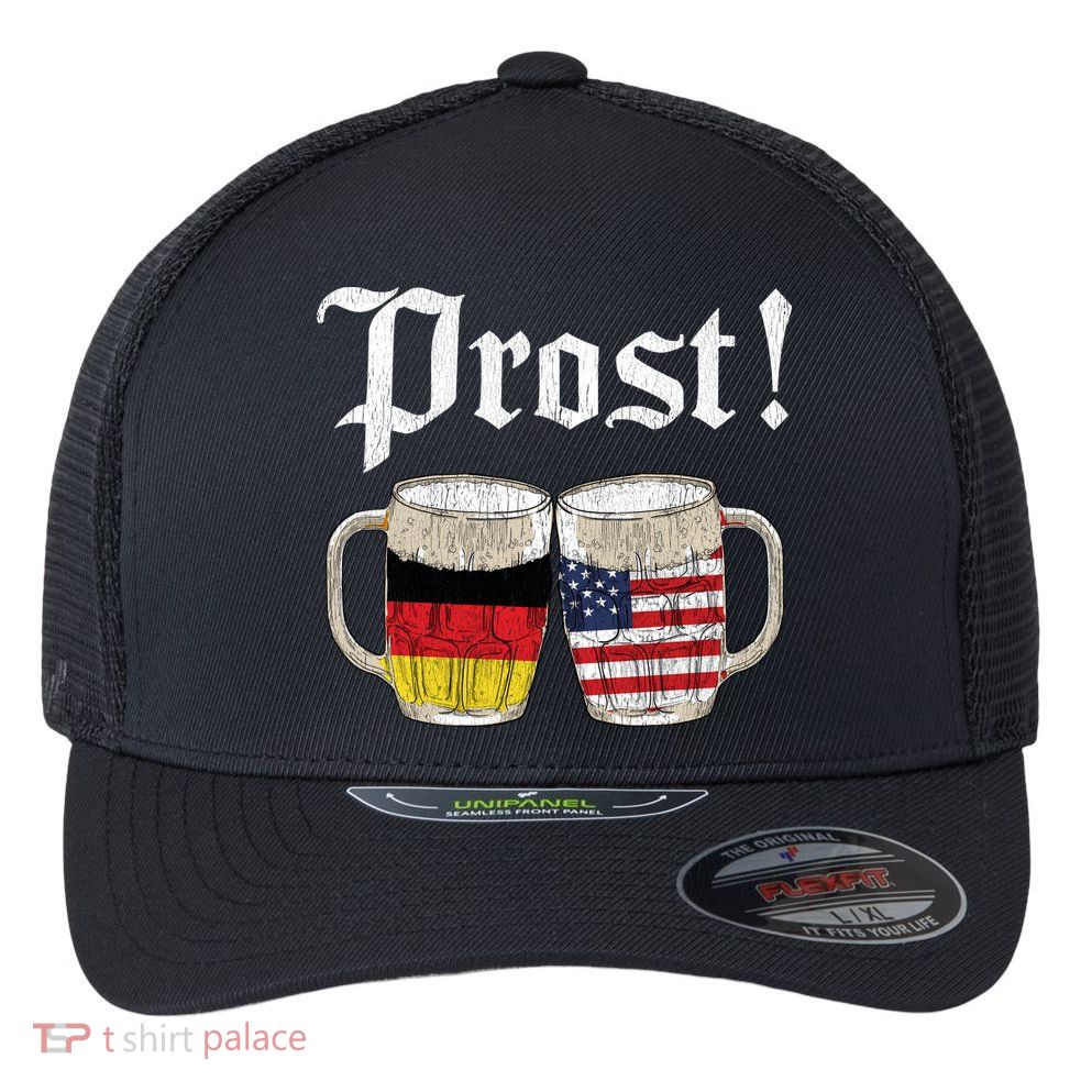 Oktoberfest Holiday Prost Beer German American Flag Flexfit Unipanel Trucker Cap