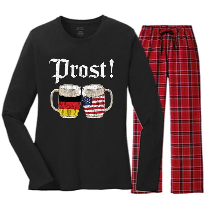 Oktoberfest Holiday Prost Beer German American Flag Women's Long Sleeve Flannel Pajama Set 