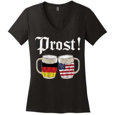 Oktoberfest Holiday Prost Beer German American Flag Women's V-Neck T-Shirt