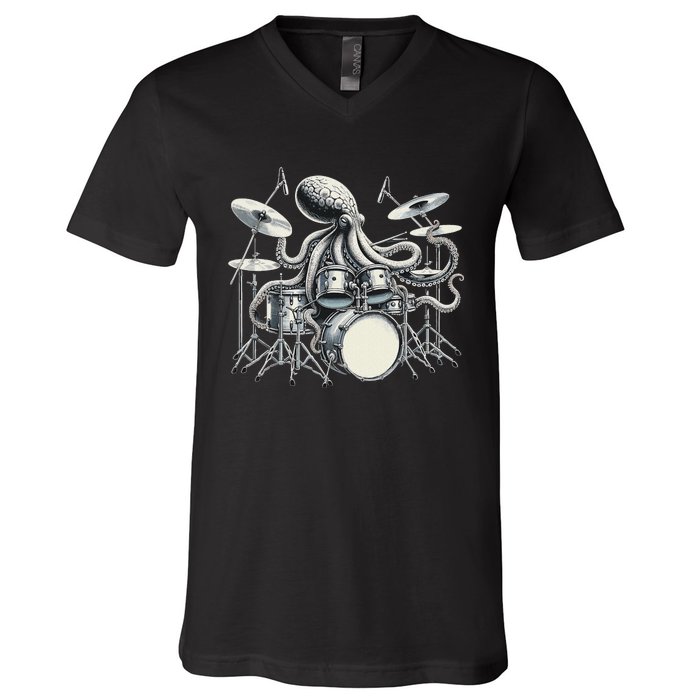 Octopus Playing Drums Drummer V-Neck T-Shirt