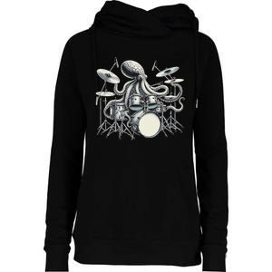 Octopus Playing Drums Drummer Womens Funnel Neck Pullover Hood