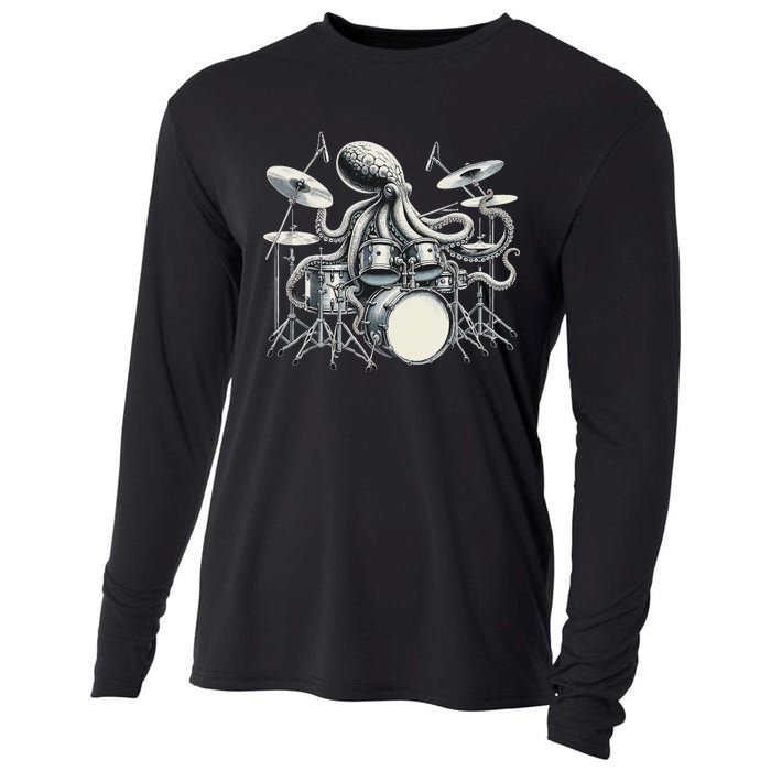 Octopus Playing Drums Drummer Cooling Performance Long Sleeve Crew