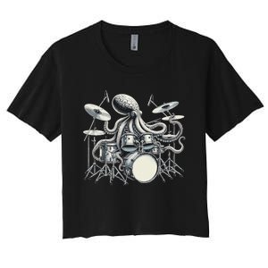 Octopus Playing Drums Drummer Women's Crop Top Tee