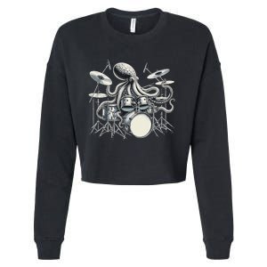 Octopus Playing Drums Drummer Cropped Pullover Crew