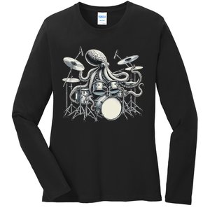 Octopus Playing Drums Drummer Ladies Long Sleeve Shirt