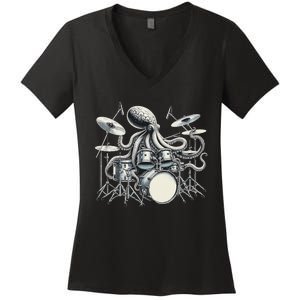 Octopus Playing Drums Drummer Women's V-Neck T-Shirt