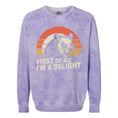 Opossum Possum First Of All IM A Delight Sarcastic Angry Gift Colorblast Crewneck Sweatshirt