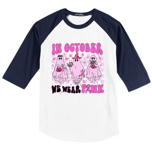 October Pink Ghost Halloween Breast Cancer Awareness Baseball Sleeve Shirt