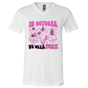 October Pink Ghost Halloween Breast Cancer Awareness V-Neck T-Shirt