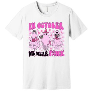 October Pink Ghost Halloween Breast Cancer Awareness Premium T-Shirt