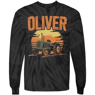 Oliver Personalized Nametag Tractor For Oliver Tie-Dye Long Sleeve Shirt