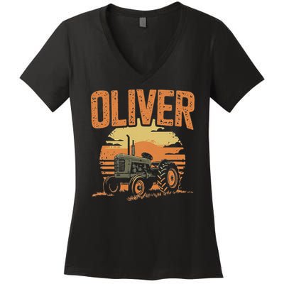 Oliver Personalized Nametag Tractor For Oliver Women's V-Neck T-Shirt