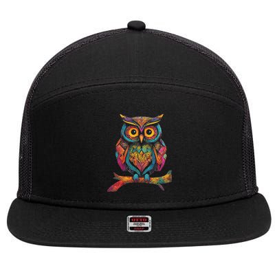 Owl Perched On A Tree Branch Colorful Pattern Owl Lover 7 Panel Mesh Trucker Snapback Hat