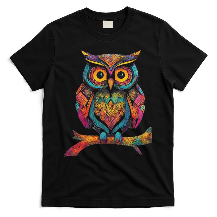 Owl Perched On A Tree Branch Colorful Pattern Owl Lover T-Shirt